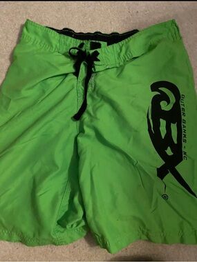 Men's Sz L OBX North Carolina  Neon Green Swim Board Shorts with Black Logo GUC